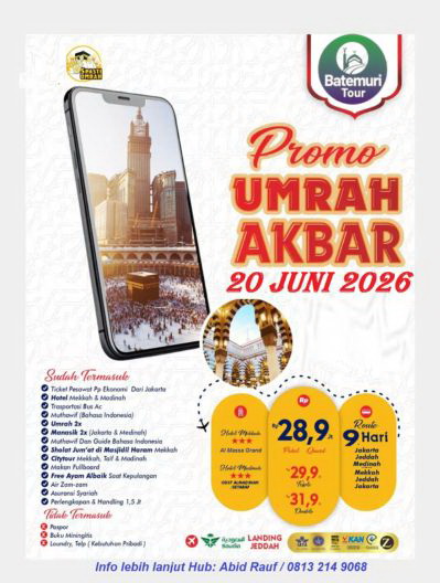 Paket Umrah Akbar Promo,  1447H/2026M , BTT-Ahz,  09  Hari, Keberangkatan 20 Juni 2026
